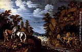 A Rocky Landscape With A Stallion, Bull And Camel Overlooking A Lion's Den by Roelandt Jacobsz Savery